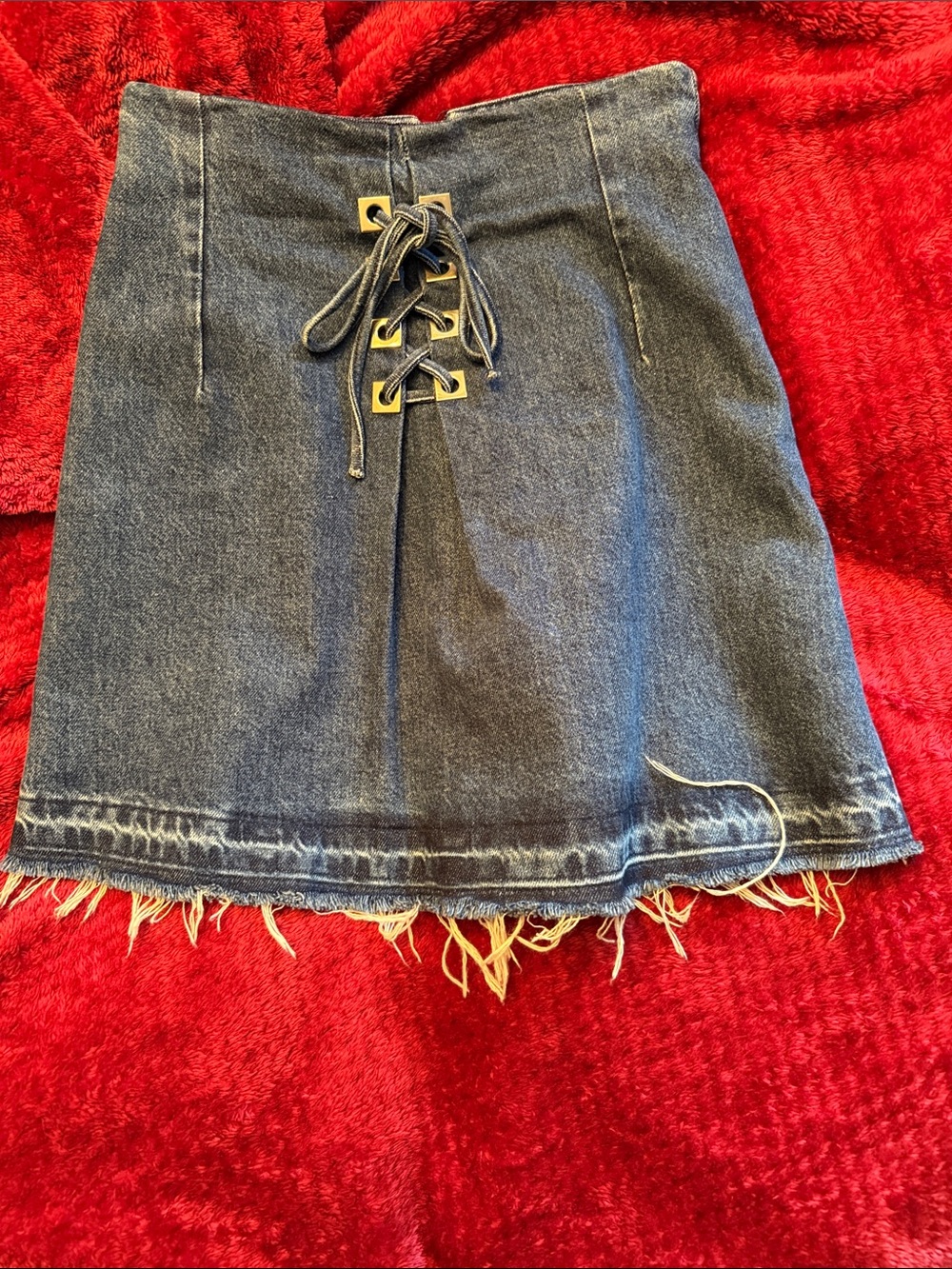 High-Rise Dark Blue Denim Lace-Up Frayed Mini Skirt
